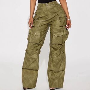 Faux Leather Olive Green Wide Leg Cargo Pants